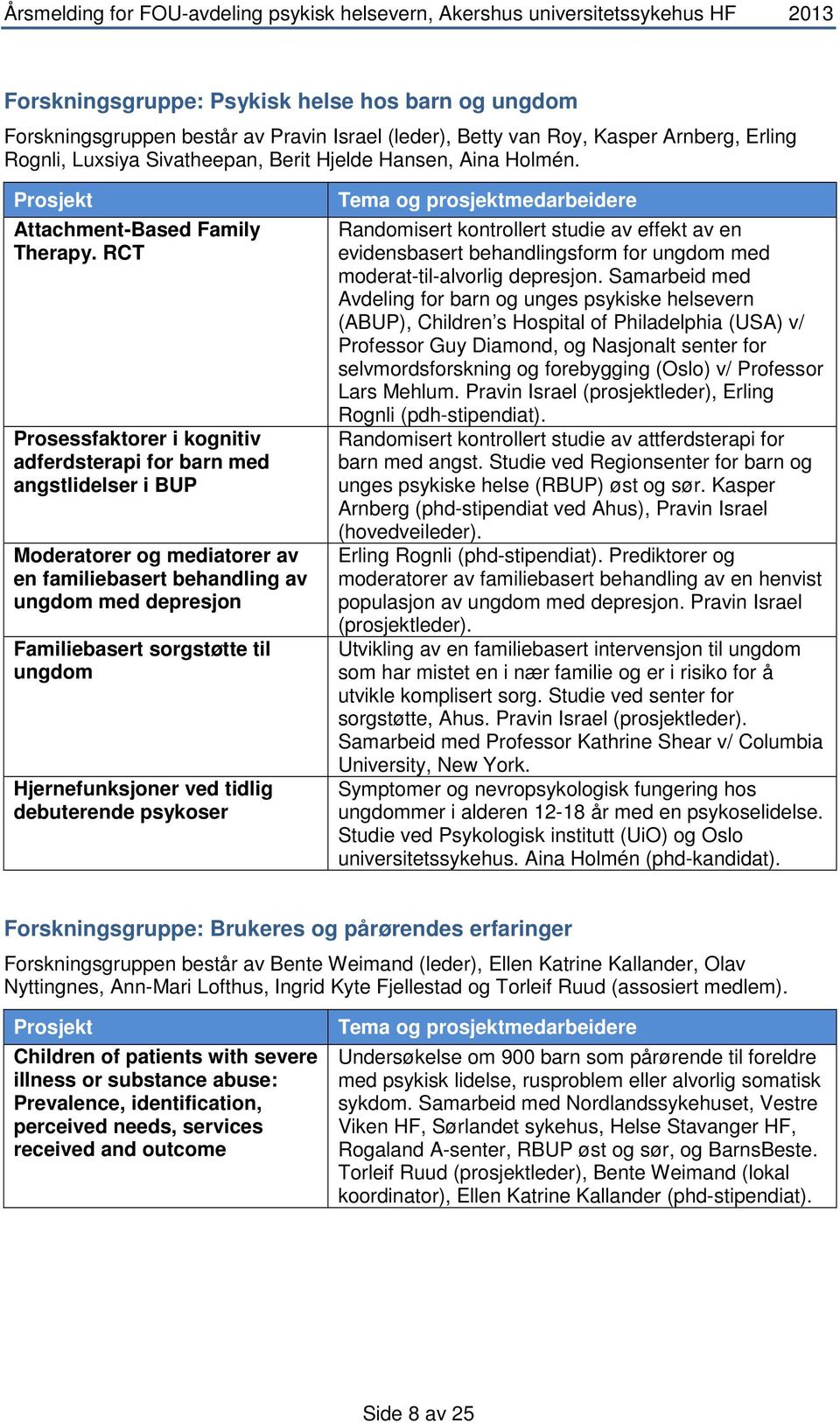 RCT Prosessfaktorer i kognitiv adferdsterapi for barn med angstlidelser i BUP Moderatorer og mediatorer av en familiebasert behandling av ungdom med depresjon Familiebasert sorgstøtte til ungdom