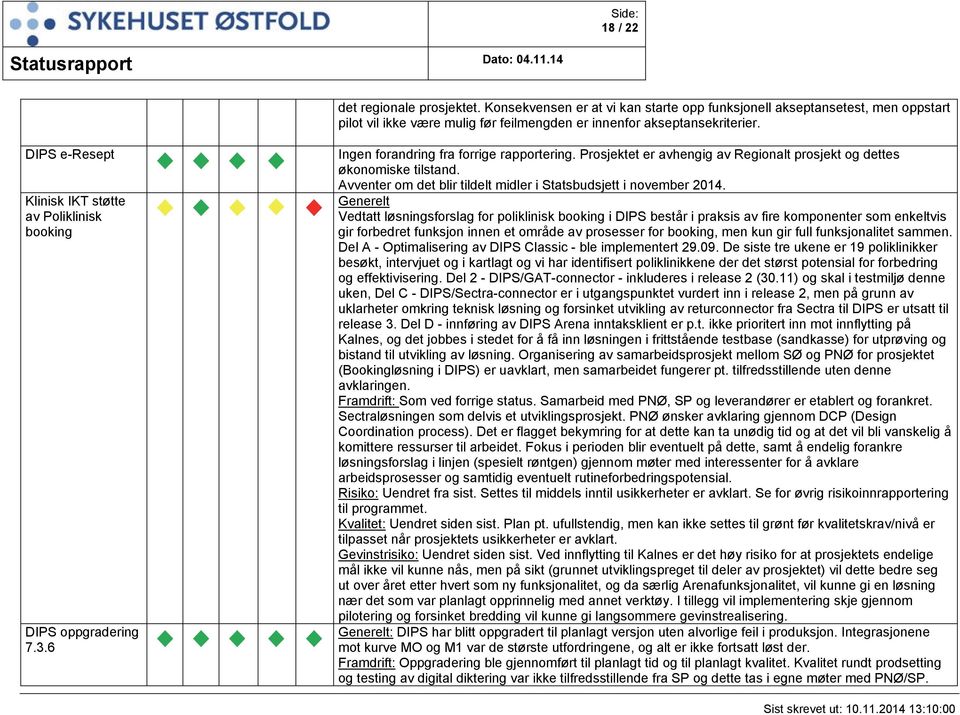 Avventer om det blir tildelt midler i Statsbudsjett i november 2014. Klinisk IKT støtte av Poliklinisk booking DIPS oppgradering 7.3.