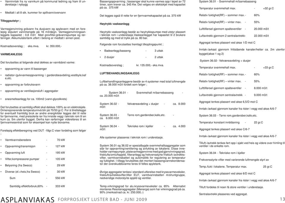 Varmegjenvinningsanleggets kapasitet ; 0,8 m3/t Med grovfi lter,gråvannspumpe og rørføringer. Akkumulatortank utført i betong er medtatt i annen post. Kostnadsoverslag ; eks.mva. kr. 350.