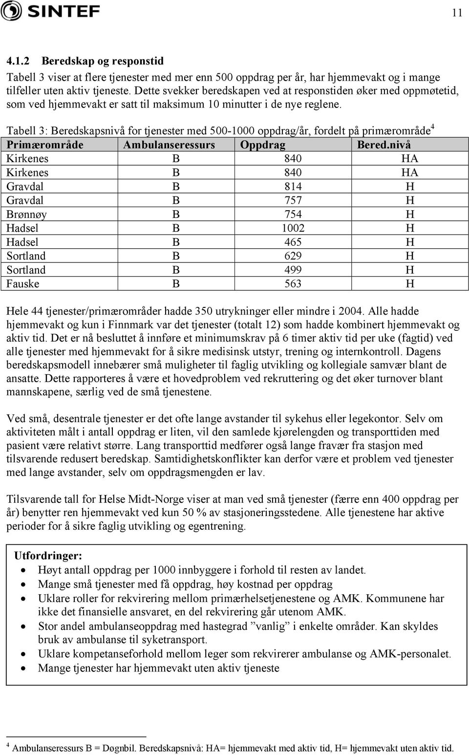 Tabell 3: Beredskapsnivå for tjenester med 500-1000 oppdrag/år, fordelt på primærområde 4 Primærområde Ambulanseressurs Oppdrag Bered.