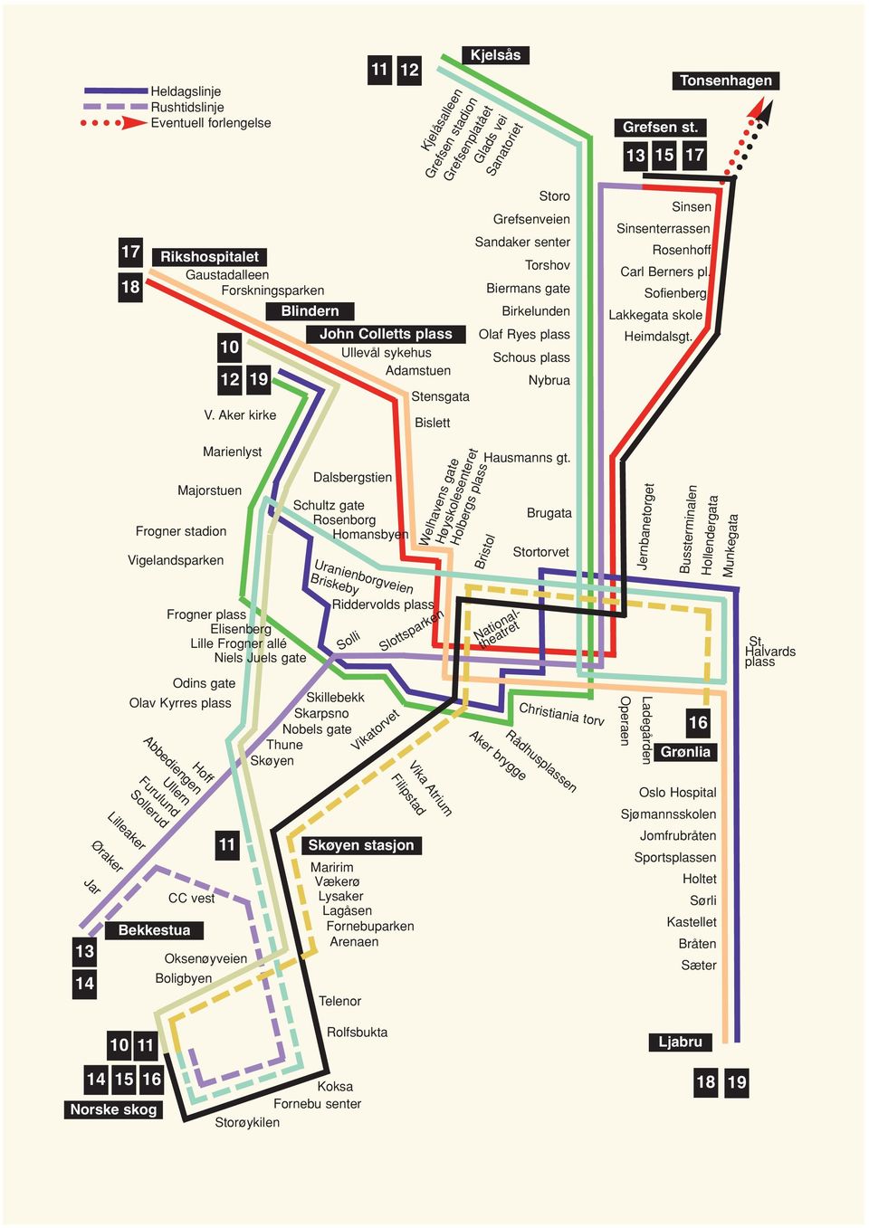 Stensgata V. Aker kirke Bislett Rikshospitalet Gaustadalleen Forskningsparken Sinsen Sinsenterrassen Rosenhoff Carl Berners pl. Sofienberg Lakkegata skole Heimdalsgt.