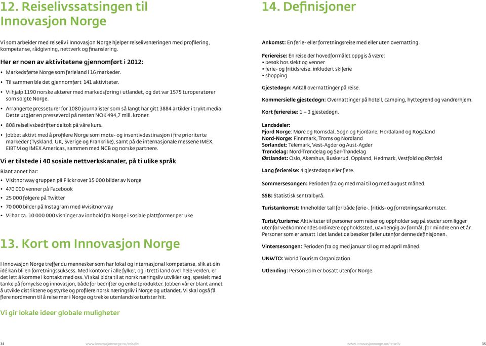 Her er noen av aktivitetene gjennomført i 2012: Markedsførte Norge som ferieland i 16 markeder. Til sammen ble det gjennomført 141 aktiviteter.