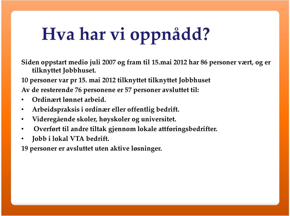 mai 2012 tilknyttet tilknyttet Jobbhuset Av de resterende 76 personene er 57 personer avsluttet til: Ordinært lønnet arbeid.