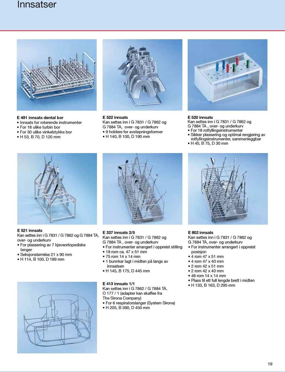 Sikker plassering og optimal rengjøring av rotfyllingsinstrumenter, sammenleggbar H 45, B 75, D 30 mm E 521 innsats Kan settes inn i G 7831 / G 7862 og G 7884 TA, over- og underkurv For plassering av