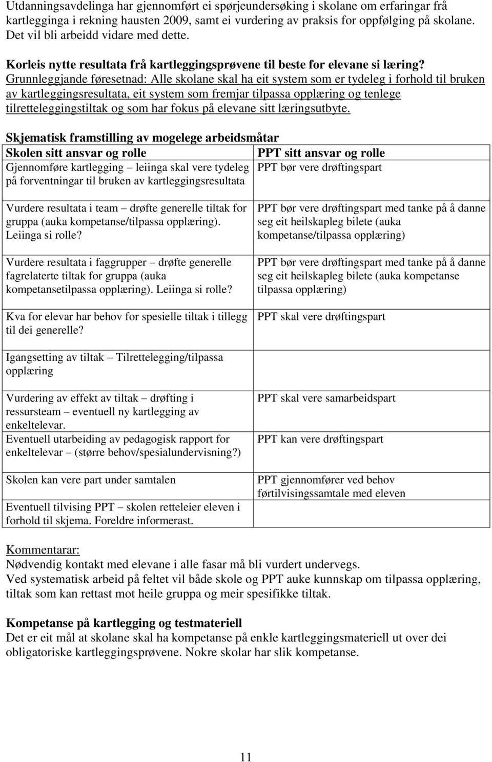 Grunnleggjande føresetnad: Alle skolane skal ha eit system som er tydeleg i forhold til bruken av kartleggingsresultata, eit system som fremjar tilpassa opplæring og tenlege tilretteleggingstiltak og