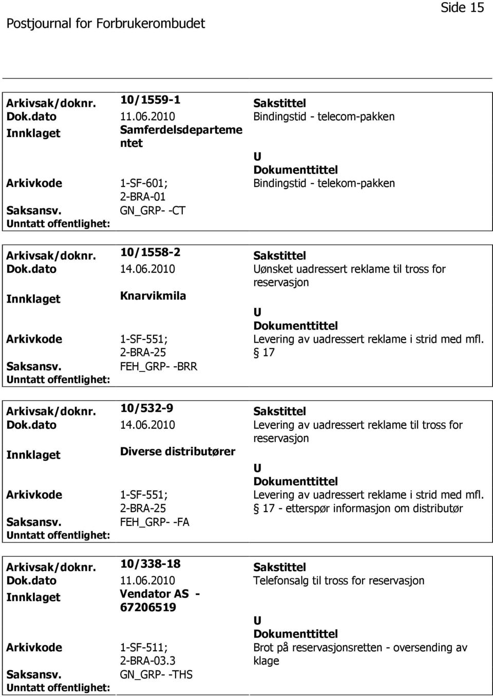 2010 ønsket uadressert reklame til tross for reservasjon nnklaget Knarvikmila 1-SF-551; FEH_GRP- -BRR Levering av uadressert reklame i strid med mfl. 17 Arkivsak/doknr. 10/532-9 Sakstittel Dok.