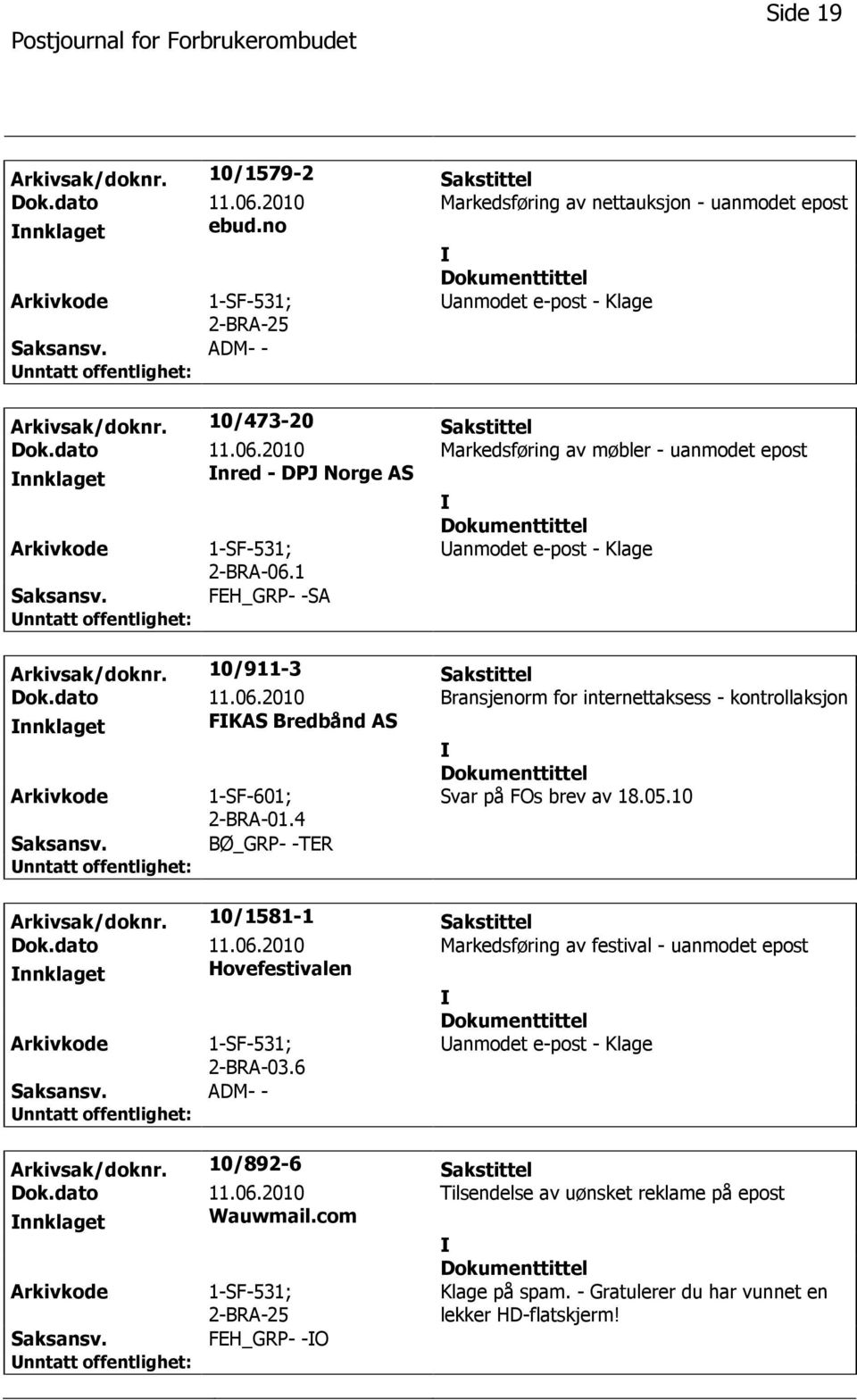 10/911-3 Sakstittel Dok.dato 11.06.2010 Bransjenorm for internettaksess - kontrollaksjon nnklaget FKAS Bredbånd AS 1-SF-601; 2-BRA-01.4 Svar på FOs brev av 18.05.10 BØ_GRP- -TER Arkivsak/doknr.