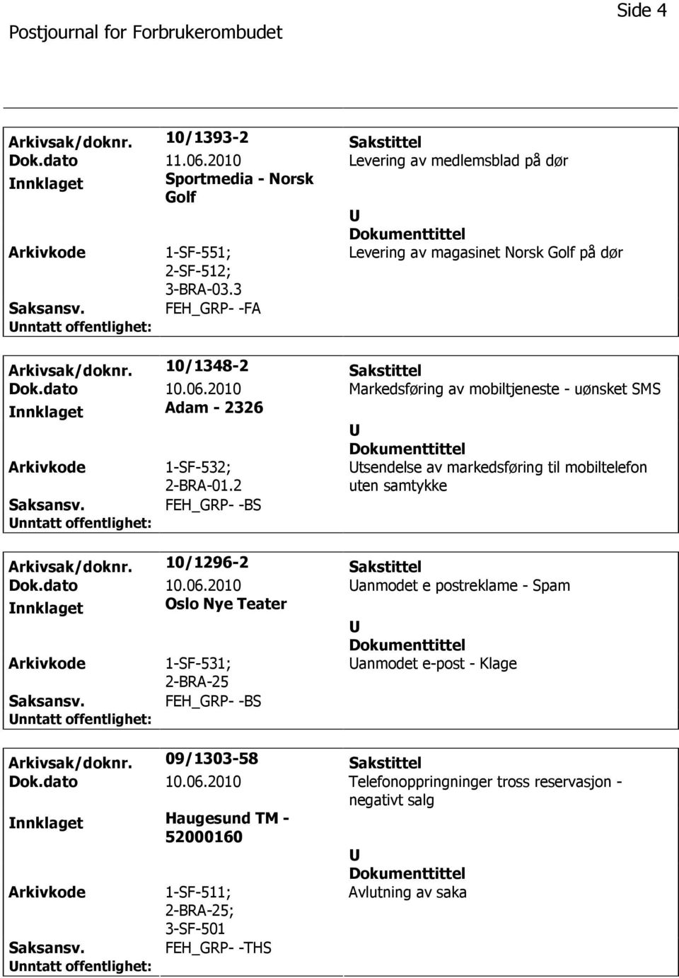 2010 Markedsføring av mobiltjeneste - uønsket SMS nnklaget Adam - 2326 1-SF-532; 2-BRA-01.2 tsendelse av markedsføring til mobiltelefon uten samtykke FEH_GRP- -BS Arkivsak/doknr.