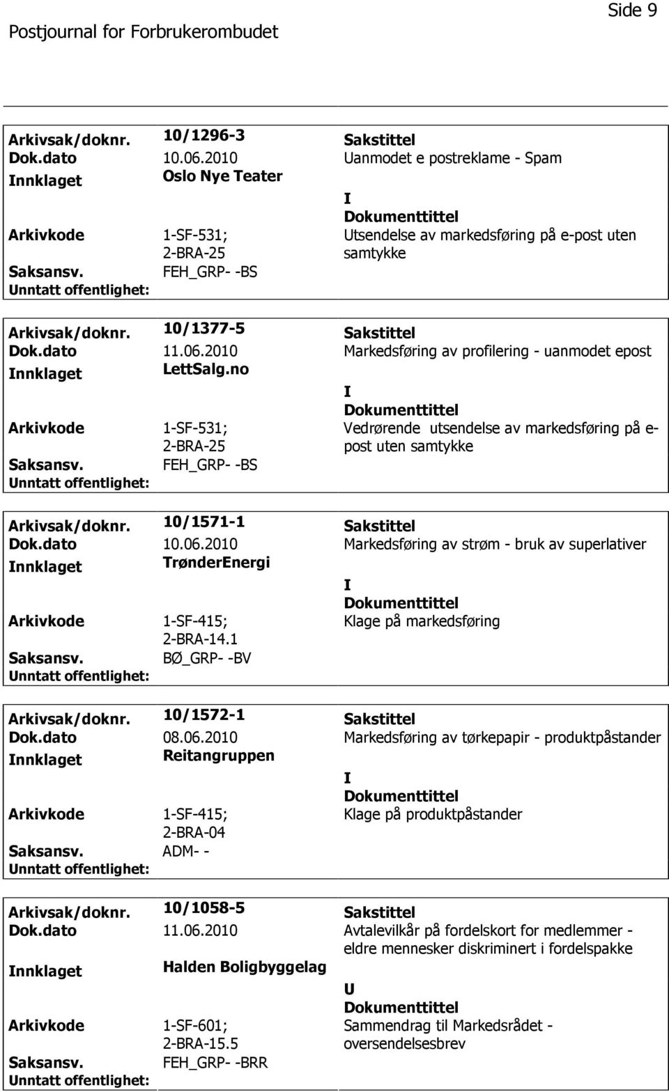 2010 Markedsføring av profilering - uanmodet epost nnklaget LettSalg.no 1-SF-531; Vedrørende utsendelse av markedsføring på e- post uten samtykke FEH_GRP- -BS Arkivsak/doknr. 10/1571-1 Sakstittel Dok.