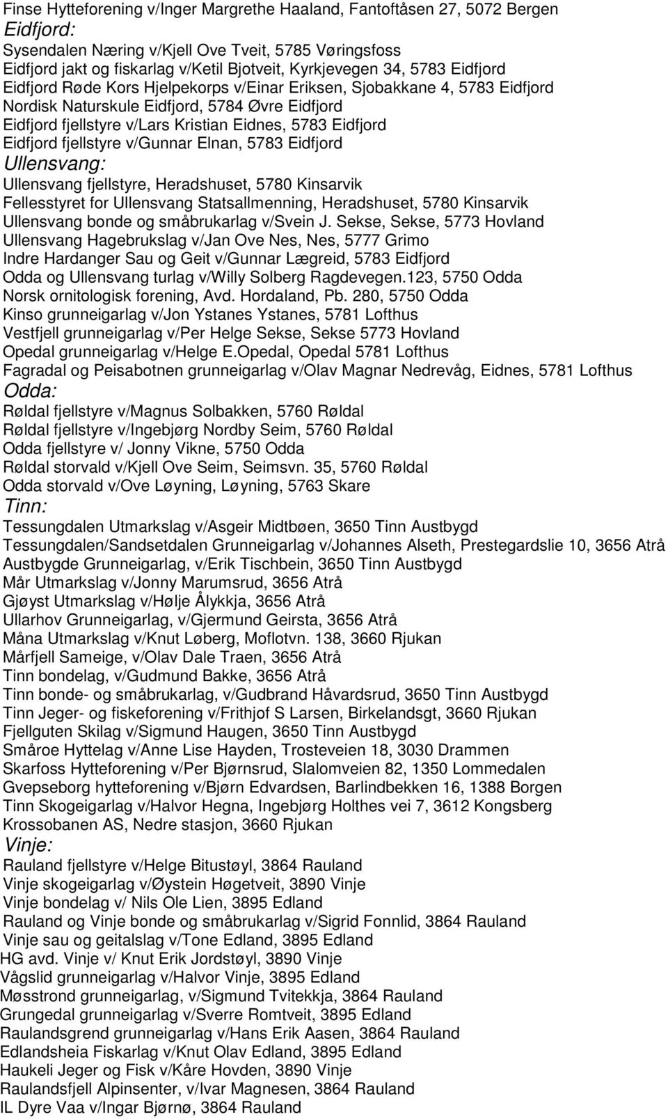 Eidfjord fjellstyre v/gunnar Elnan, 5783 Eidfjord Ullensvang: Ullensvang fjellstyre, Heradshuset, 5780 Kinsarvik Fellesstyret for Ullensvang Statsallmenning, Heradshuset, 5780 Kinsarvik Ullensvang