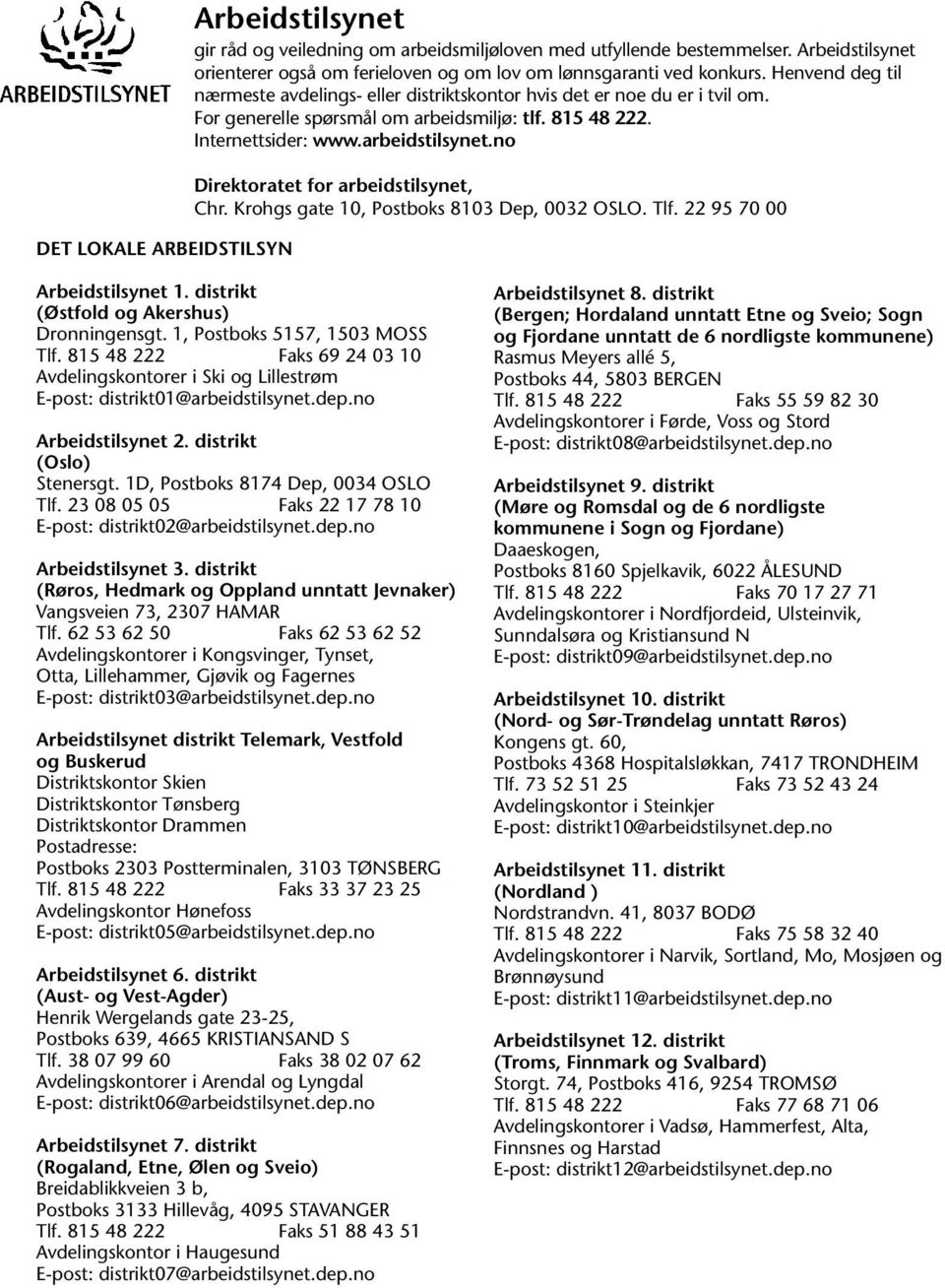 no Direktoratet for arbeidstilsynet, Chr. Krohgs gate 10, Postboks 8103 Dep, 0032 OSLO. Tlf. 22 95 70 00 Arbeidstilsynet 1. distrikt (Østfold og Akershus) Dronningensgt.