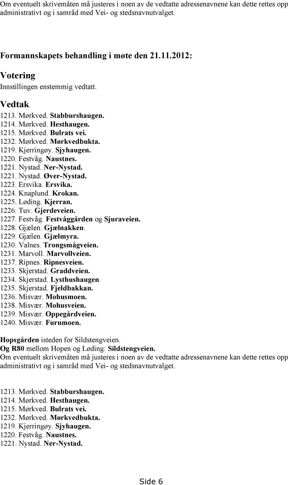 1220. Festvåg. Naustnes. 1221. Nystad. Ner-Nystad. 1221. Nystad. Øver-Nystad. 1223. Ersvika. Ersvika. 1224. Knaplund. Krokan. 1225. Løding. Kjerran. 1226. Tuv. Gjerdeveien. 1227. Festvåg. Festvåggården og Sjuraveien.