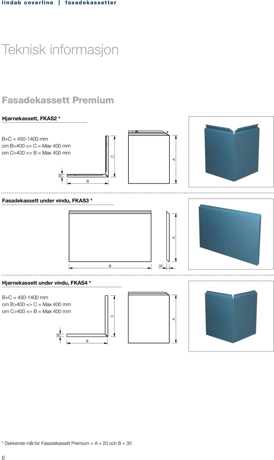 Hjørnekassett under vindu, FKAS4 * B+C = 450-1400 mm om B>400 => C = Max 400 mm
