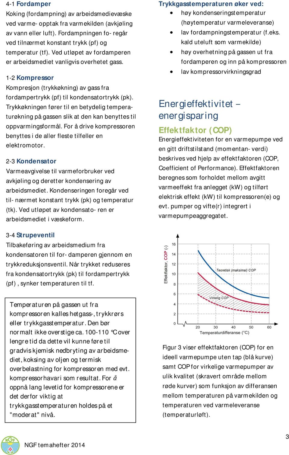 Trykkøkningen fører til en betydelig temperaturøkning på gassen slik at den kan benyttes til oppvarmingsformål. For å drive kompressoren benyttes i de aller fleste tilfeller en elektromotor.