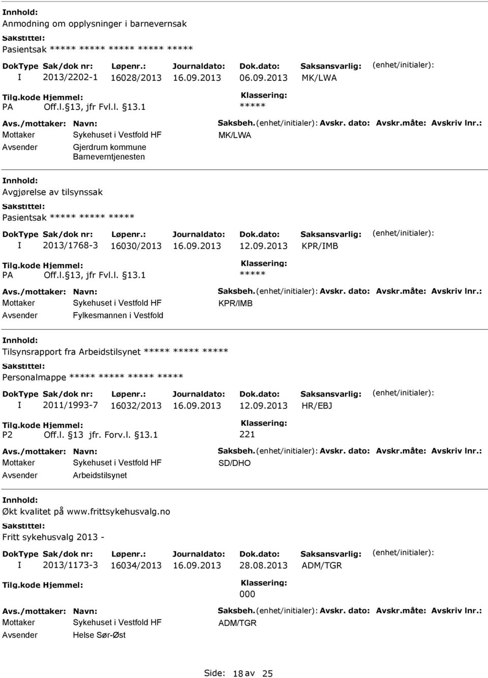 2013 KPR/MB KPR/MB Fylkesmannen i Vestfold Tilsynsrapport fra Arbeidstilsynet 2011/1993-7 16032/2013 12.09.