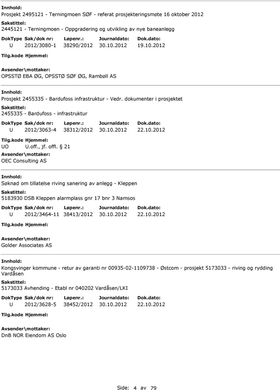 , jf. offl. 21 OEC Consulting AS Søknad om tillatelse riving sanering av anlegg - Kleppen 5183930 DSB Kleppen alarmplass gnr 17 bnr 3 Namsos 2012/3464-11 38413/2012 22.10.