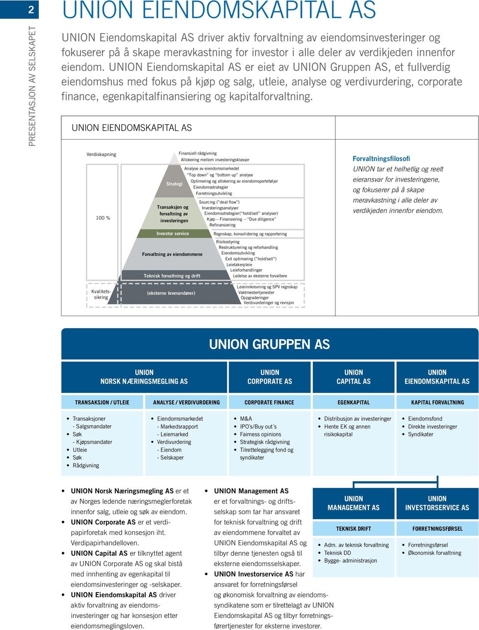 UNION Eiendomskapital AS er eiet av UNION Gruppen AS, et fullverdig eiendomshus med fokus på kjøp og salg, utleie, analyse og verdivurdering, corporate finance, egenkapitalfinansiering og