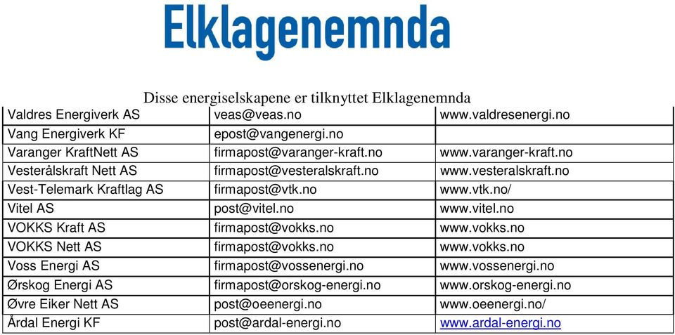 no www.vitel.no VOKKS Kraft AS firmapost@vokks.no www.vokks.no VOKKS Nett AS firmapost@vokks.no www.vokks.no Voss Energi AS firmapost@vossenergi.