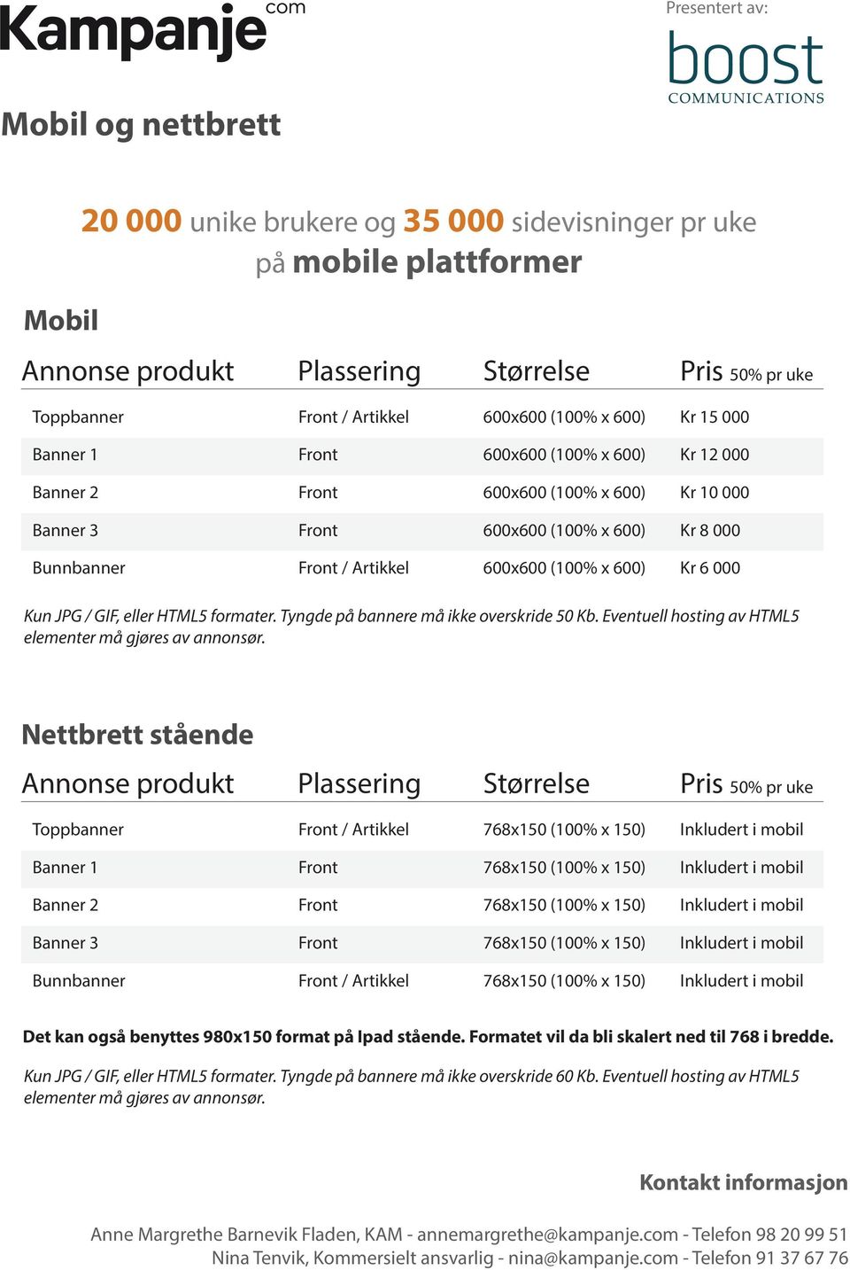 Tyngde på bannere må ikke overskride 50 Kb. Eventuell hosting av HTML5 elementer må gjøres av annonsør.