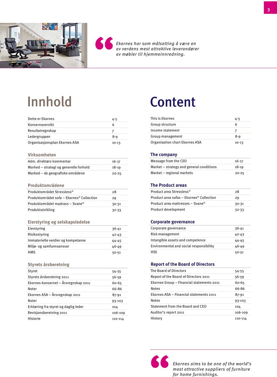 direktørs kommentar 16-17 Marked strategi og generelle forhold 18-19 Marked de geografiske områdene 20-25 Produktområdene Produktområdet Stressless 28 Produktområdet sofa Ekornes Collection 29