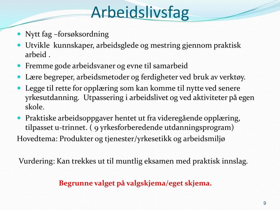 Legge til rette for opplæring som kan komme til nytte ved senere yrkesutdanning. Utpassering i arbeidslivet og ved aktiviteter på egen skole.