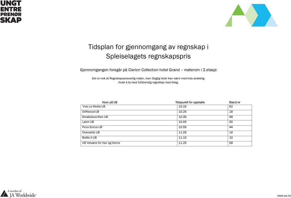 Husk å ta med fullstendig regnskap med bilag. Navn på UB Tidspunkt for oppmøte Stand nr Media Viva La Media UB 10.