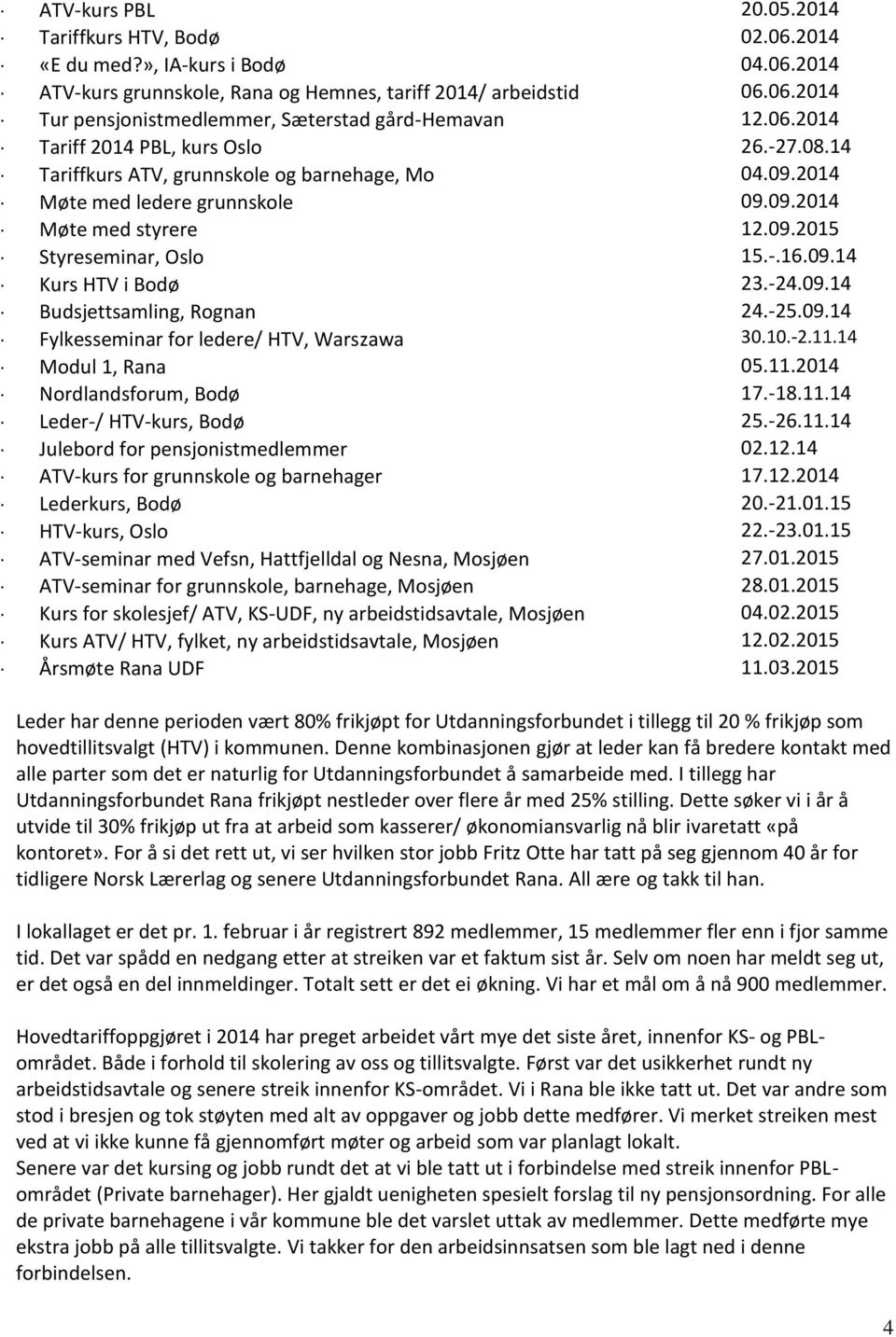 -24.09.14 Budsjettsamling, Rognan 24.-25.09.14 Fylkesseminar for ledere/ HTV, Warszawa 30.10.-2.11.14 Modul 1, Rana 05.11.2014 Nordlandsforum, Bodø 17.-18.11.14 Leder-/ HTV-kurs, Bodø 25.-26.11.14 Julebord for pensjonistmedlemmer 02.