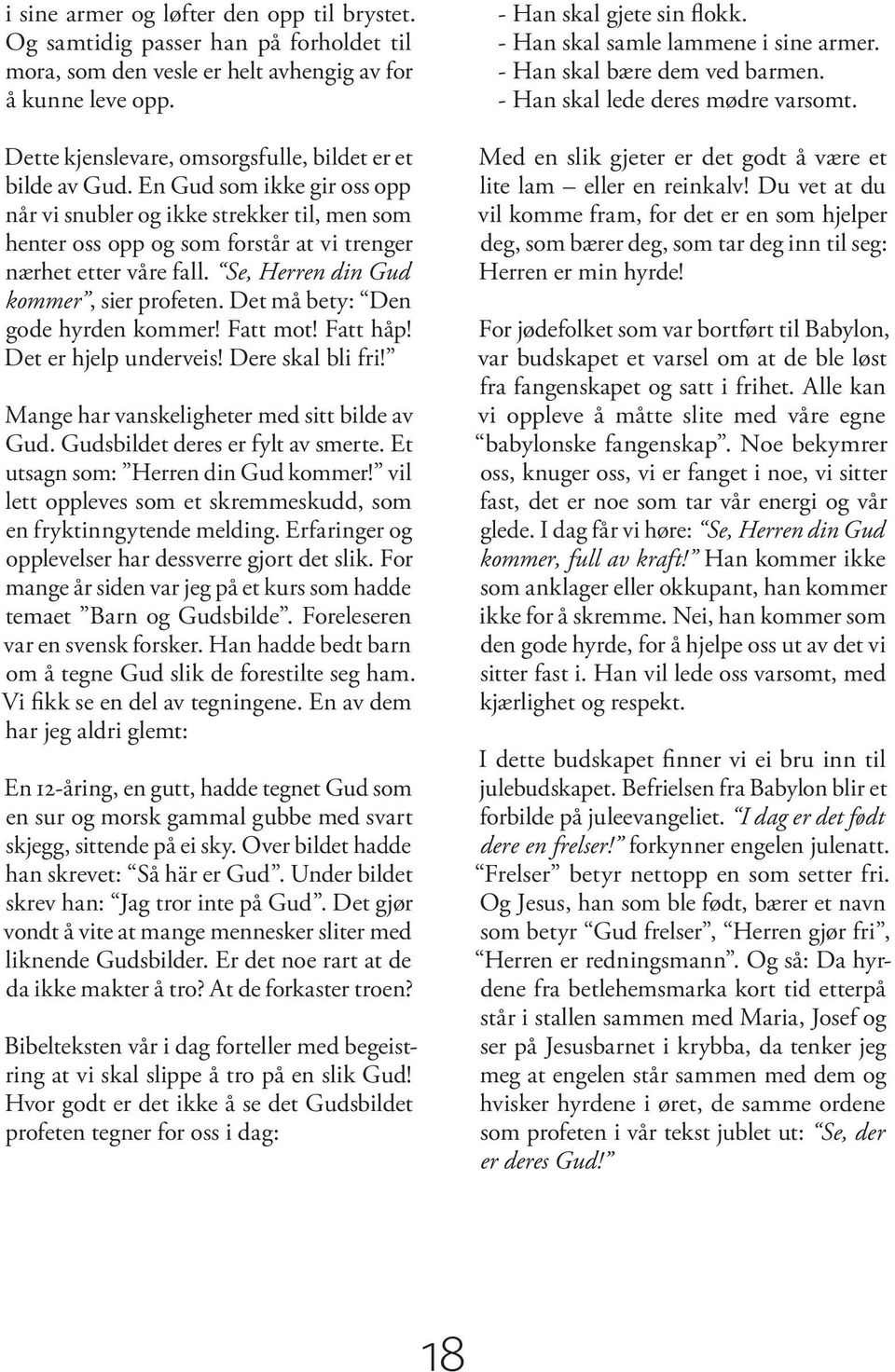 Se, Herren din Gud kommer, sier profeten. Det må bety: Den gode hyrden kommer! Fatt mot! Fatt håp! Det er hjelp underveis! Dere skal bli fri! Mange har vanskeligheter med sitt bilde av Gud.