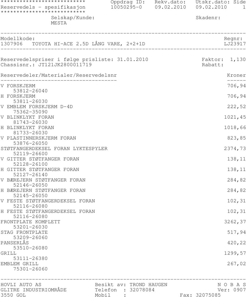 : JT121JK2800011719 Rabatt: Reservedeler/Materialer/Reservedelsnr Kroner ------------------------------------- ------ V FORSKJERM 706,94 53812-26040 H FORSKJERM 706,94 53811-26030 V EMBLEM FORSKJERM