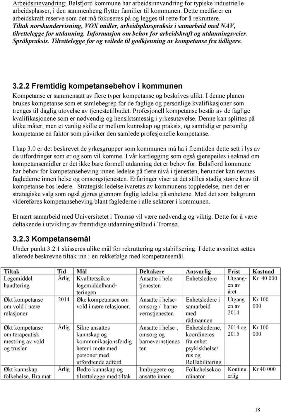 Tiltak norskundervisning, VOX midler, arbeidsplasspraksis i samarbeid med NAV, tilrettelegge for utdanning. Informasjon om behov for arbeidskraft og utdanningsveier. Språkpraksis.