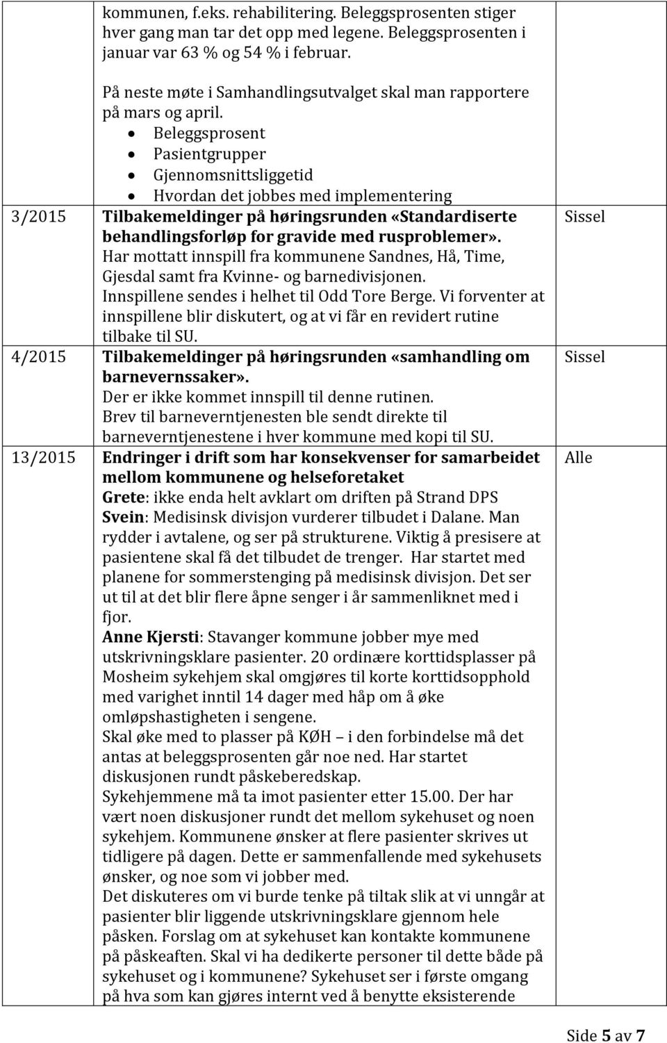 Beleggsprosent Pasientgrupper Gjennomsnittsliggetid Hvordan det jobbes med implementering 3/2015 Tilbakemeldinger på høringsrunden «Standardiserte behandlingsforløp for gravide med rusproblemer».