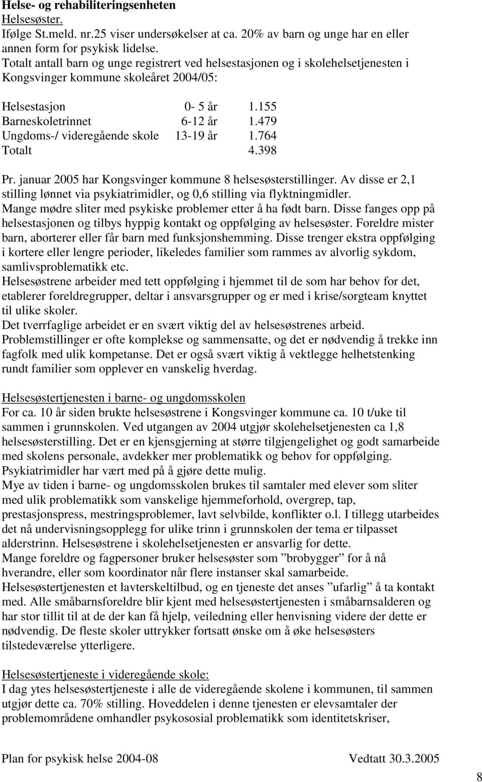 479 Ungdoms-/ videregående skole 13-19 år 1.764 Totalt 4.398 Pr. januar 2005 har Kongsvinger kommune 8 helsesøsterstillinger.