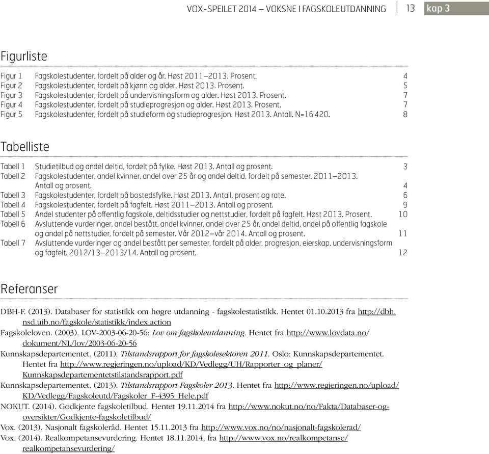 Høst 2013. Antall. N=16 420. 8 Tabelliste Tabell 1 Studietilbud og andel deltid, fordelt på fylke. Høst 2013. Antall og prosent.