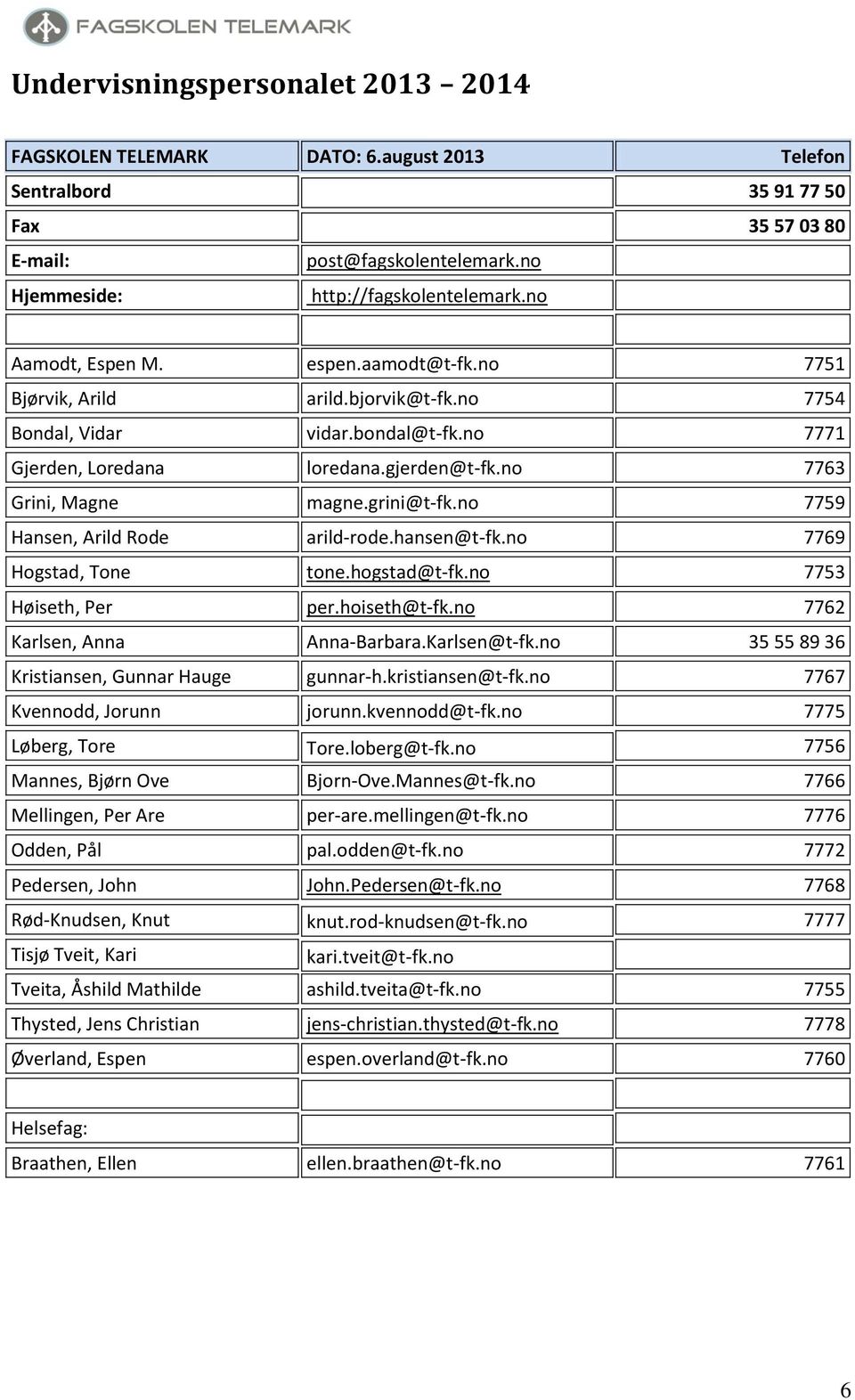 grini@t-fk.no 7759 Hansen, Arild Rode arild-rode.hansen@t-fk.no 7769 Hogstad, Tone tone.hogstad@t-fk.no 7753 Høiseth, Per per.hoiseth@t-fk.no 7762 Karlsen, Anna Anna-Barbara.Karlsen@t-fk.