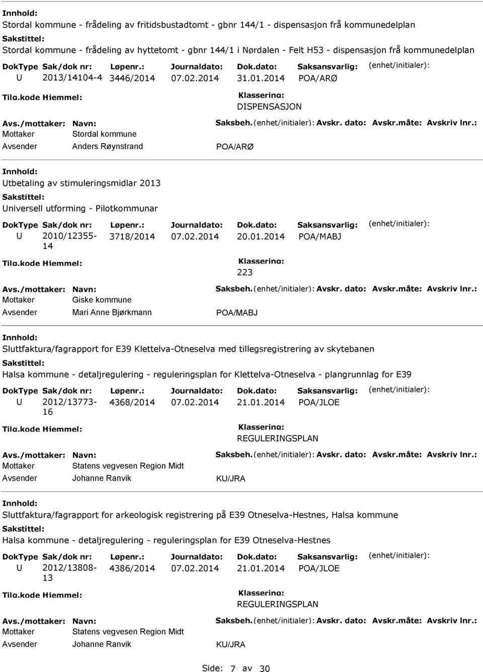 : Mottaker Stordal kommune Anders Røynstrand POA/ARØ tbetaling av stimuleringsmidlar 2013 niversell utforming - Pilotkommunar Sak/dok nr: 2010/12355-14 Løpenr.: 3718/2014 20.01.2014 POA/MABJ 223 Avs.