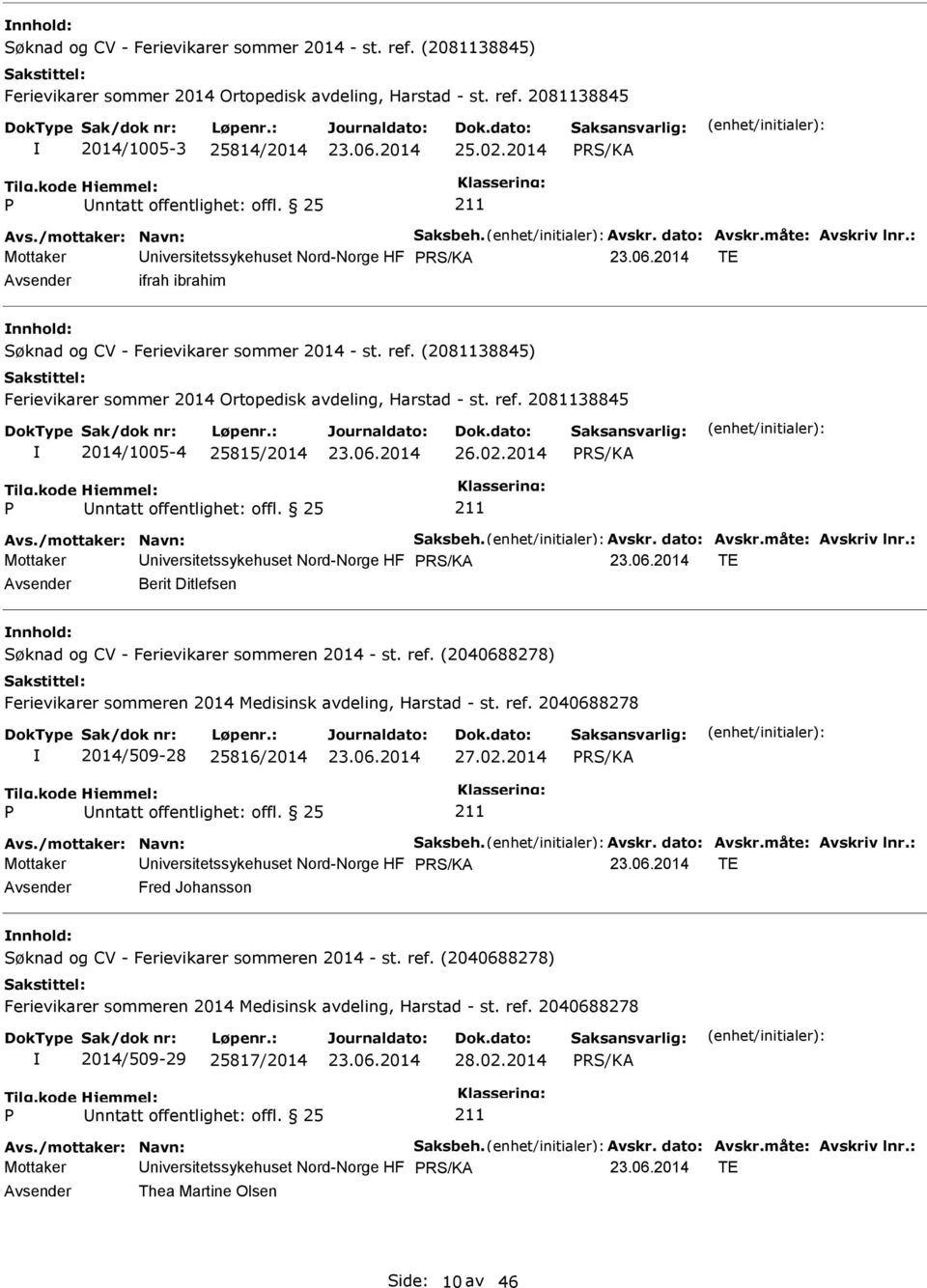 : Mottaker Universitetssykehuset Nord-Norge HF TE Avsender Berit Ditlefsen nnhold: 2014/509-28 25816/2014 27.02.2014 Avs./mottaker: Navn: Saksbeh. Avskr. dato: Avskr.måte: Avskriv lnr.