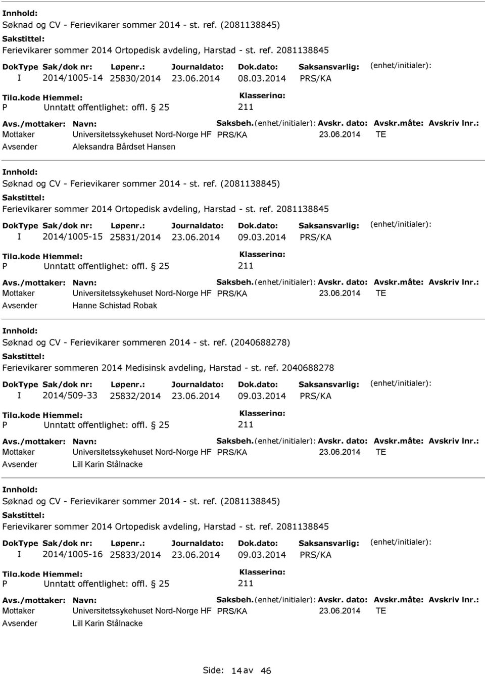 : Mottaker Universitetssykehuset Nord-Norge HF TE Avsender Hanne Schistad Robak nnhold: 2014/509-33 25832/2014 09.03.2014 Avs./mottaker: Navn: Saksbeh. Avskr. dato: Avskr.måte: Avskriv lnr.