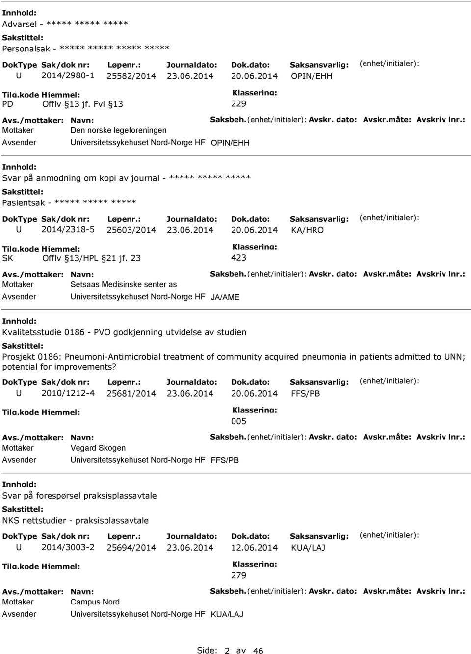 : Mottaker Den norske legeforeningen Avsender Universitetssykehuset Nord-Norge HF ON/EHH nnhold: Svar på anmodning om kopi av journal - ***** ***** ***** asientsak - ***** ***** ***** U 2014/2318-5