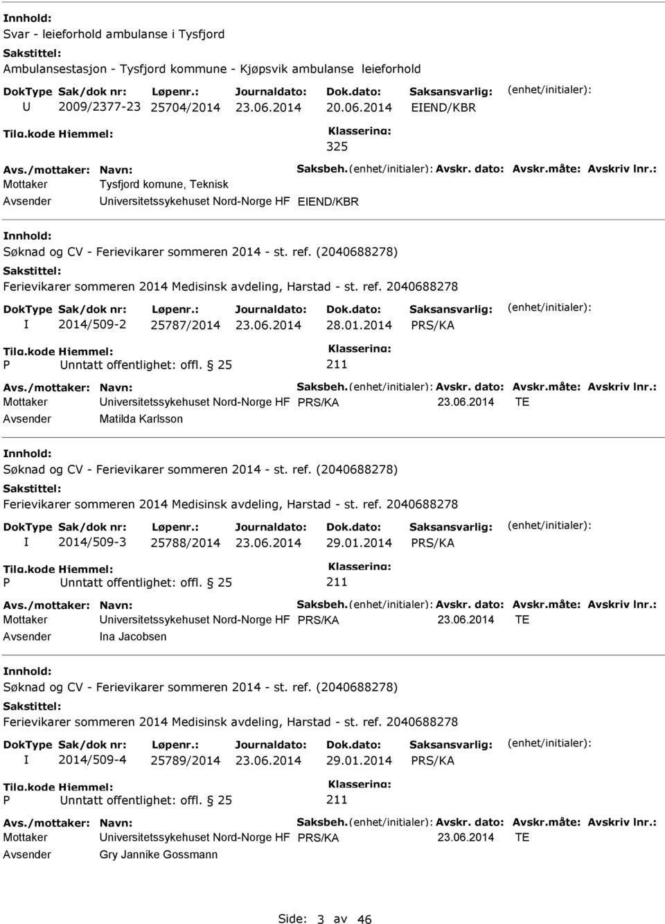 Avskr. dato: Avskr.måte: Avskriv lnr.: Mottaker Universitetssykehuset Nord-Norge HF TE Avsender Matilda Karlsson nnhold: 2014/509-3 25788/2014 29.01.2014 Avs./mottaker: Navn: Saksbeh. Avskr. dato: Avskr.måte: Avskriv lnr.: Mottaker Universitetssykehuset Nord-Norge HF TE Avsender na Jacobsen nnhold: 2014/509-4 25789/2014 29.