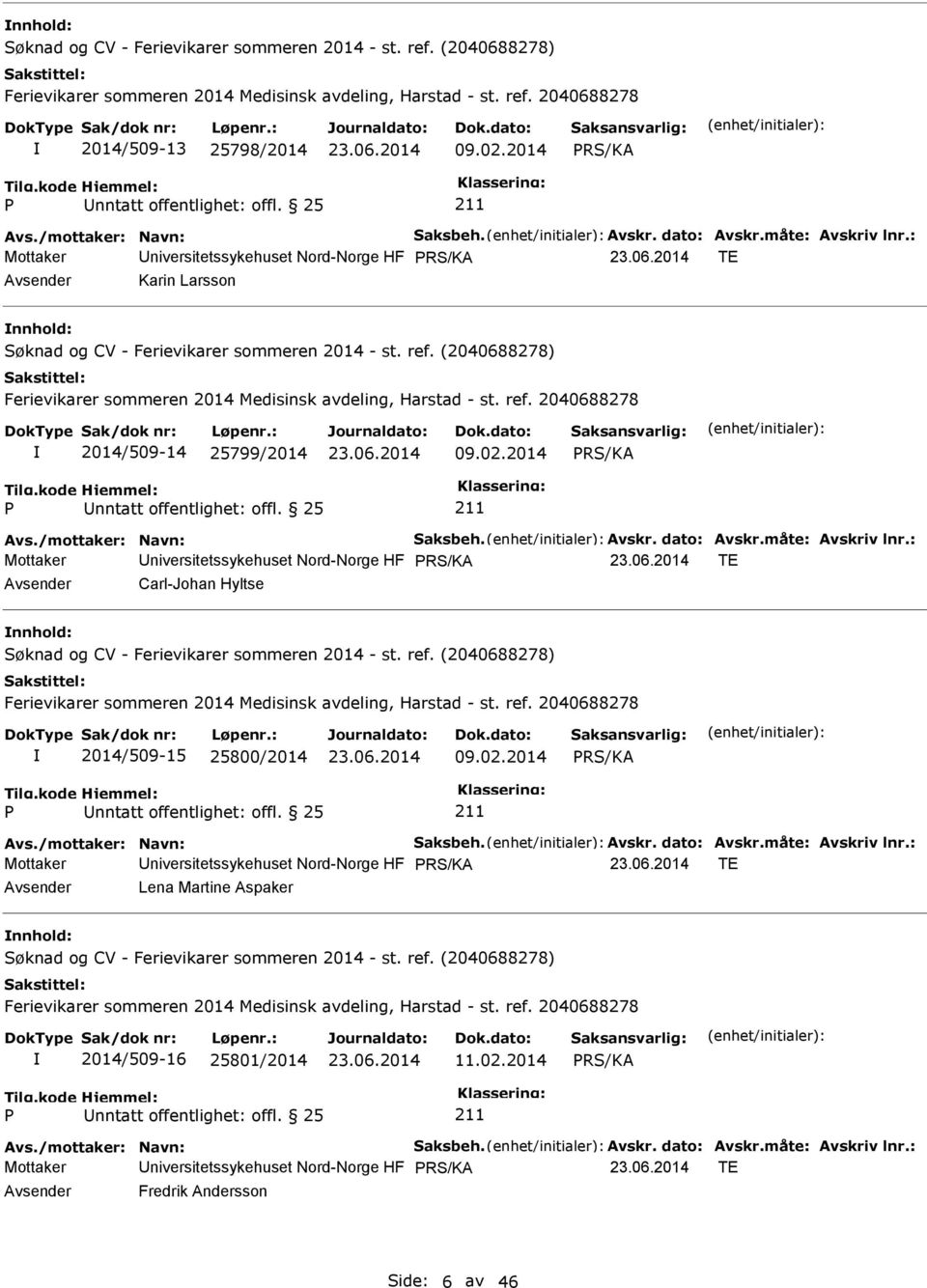 : Mottaker Universitetssykehuset Nord-Norge HF TE Avsender Carl-Johan Hyltse nnhold: 2014/509-15 25800/2014 09.02.2014 Avs./mottaker: Navn: Saksbeh. Avskr. dato: Avskr.måte: Avskriv lnr.