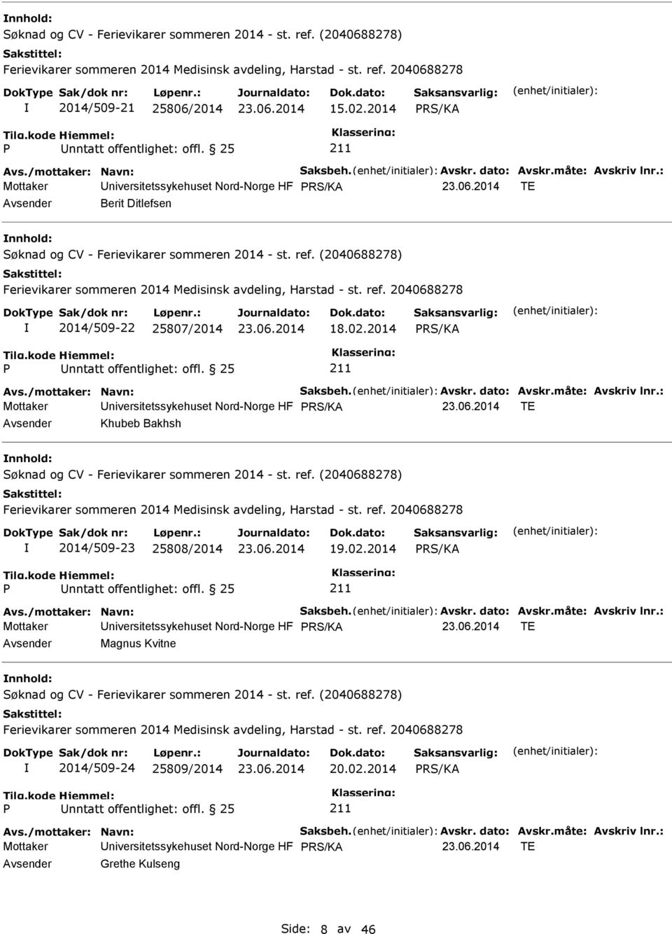 : Mottaker Universitetssykehuset Nord-Norge HF TE Avsender Khubeb Bakhsh nnhold: 2014/509-23 25808/2014 19.02.2014 Avs./mottaker: Navn: Saksbeh. Avskr. dato: Avskr.måte: Avskriv lnr.