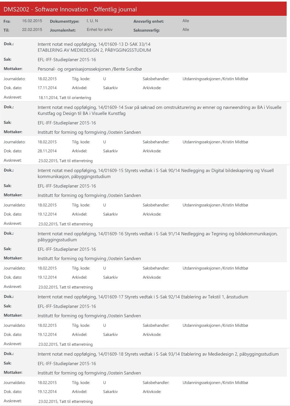 2014, Tatt til orientering Internt notat med oppfølging, 14/01609-14 Svar på søknad om omstrukturering av emner og navneendring av BA i Visuelle Kunstfag og Design til BA i Visuelle Kunstfag