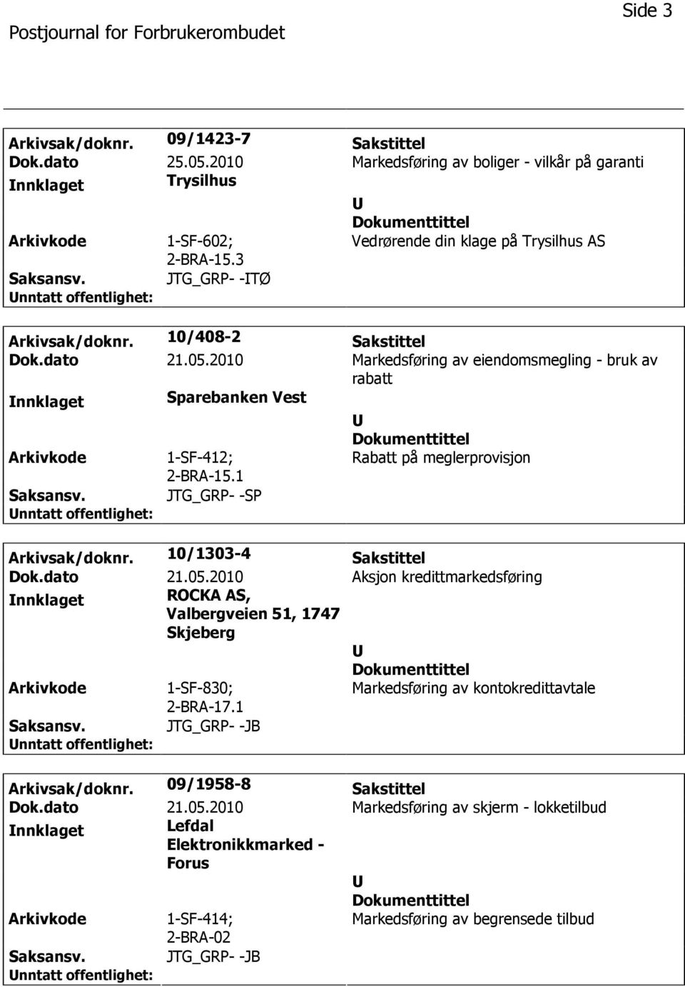 2010 Markedsføring av eiendomsmegling - bruk av rabatt nnklaget Sparebanken Vest 1-SF-412; 2-BRA-15.1 Rabatt på meglerprovisjon JTG_GRP- -SP Arkivsak/doknr. 10/1303-4 Sakstittel Dok.dato 21.05.