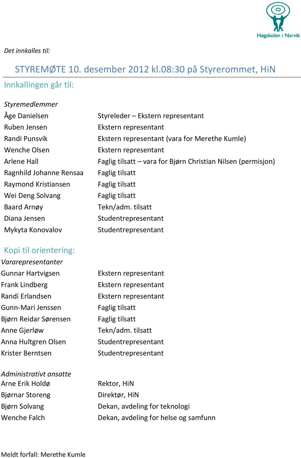 Arnøy Diana Jensen Mykyta Konovalov Kopi til orientering: Vararepresentanter Gunnar Hartvigsen Frank Lindberg Randi Erlandsen Gunn-Mari Jenssen Bjørn Reidar Sørensen Anne Gjerløw Anna Hultgren Olsen