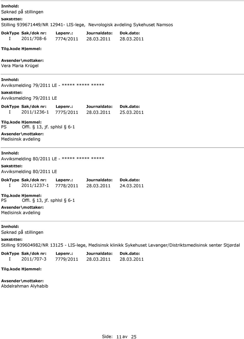 2011 Avviksmelding 80/2011 LE - ***** ***** ***** Avviksmelding 80/2011 LE 2011/1237-1 7778/2011 Medisinsk avdeling Stilling