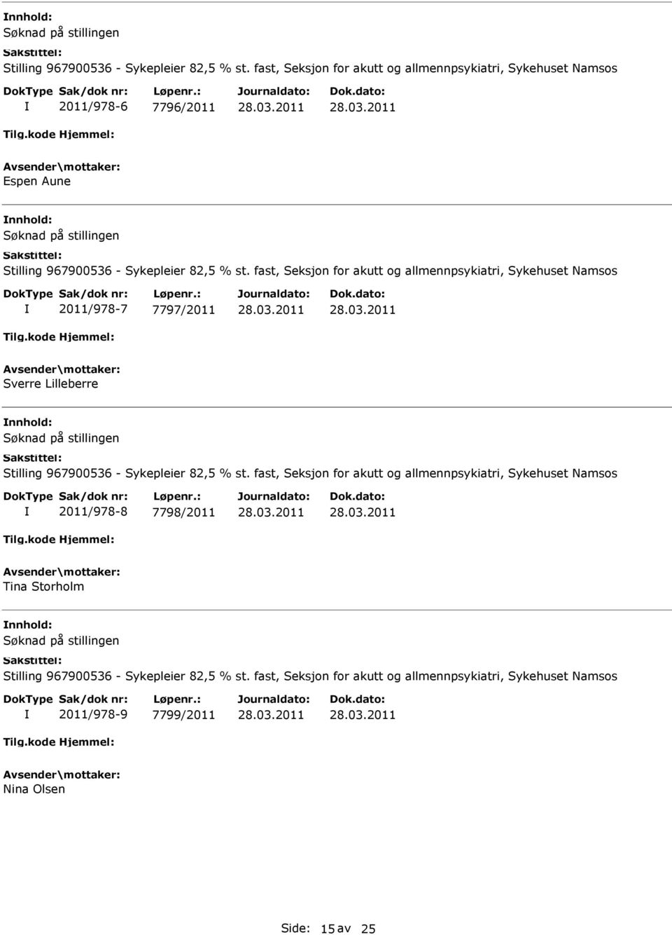 Sykehuset Namsos 2011/978-7 7797/2011 Sverre Lilleberre  fast, Seksjon for akutt og allmennpsykiatri, Sykehuset Namsos 2011/978-8 7798/2011