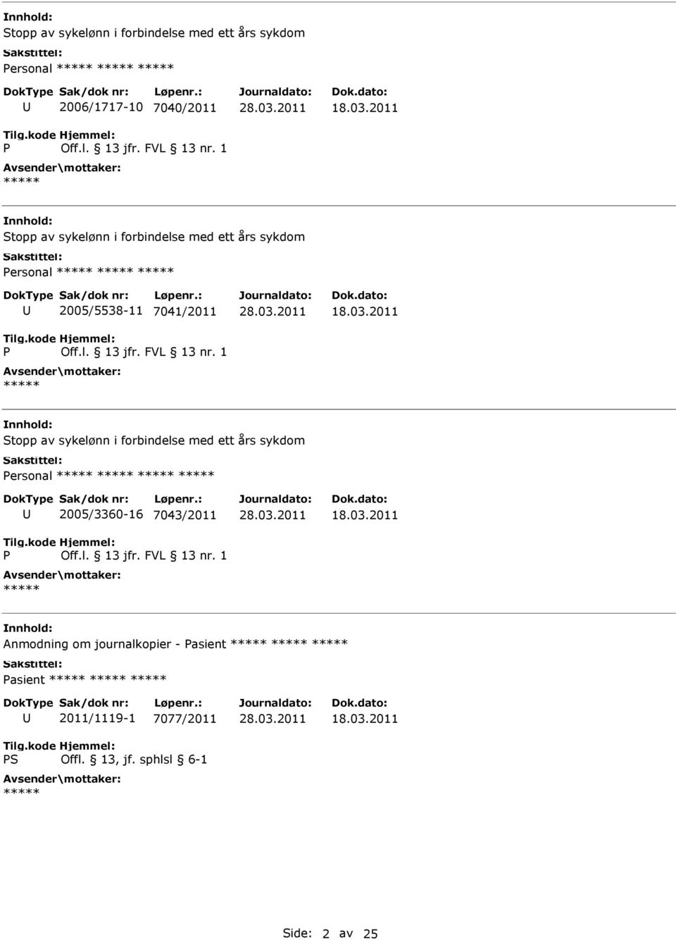 7041/2011 ***** Stopp av sykelønn i forbindelse med ett års sykdom 2005/3360-16 7043/2011 *****