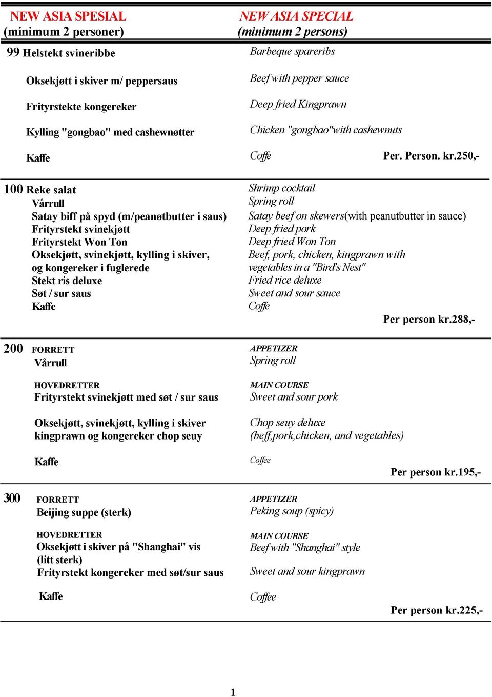 250,- 100 Reke salat Vårrull Satay biff på spyd (m/peanøtbutter i saus) Frityrstekt svinekjøtt Frityrstekt Won Ton Oksekjøtt, svinekjøtt, kylling i skiver, og kongereker i fuglerede Stekt ris deluxe