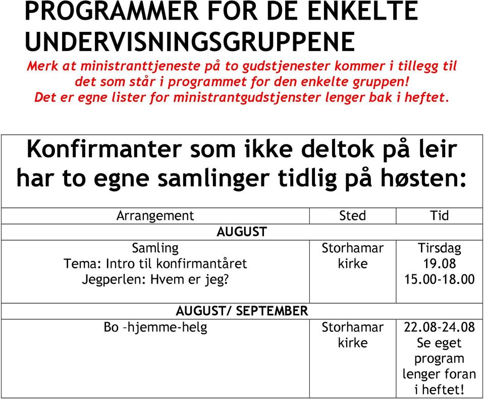 Konfirmanter som ikke deltok på leir har to egne samlinger tidlig på høsten: Arrangement Sted Tid AUGUST Tema: Intro til