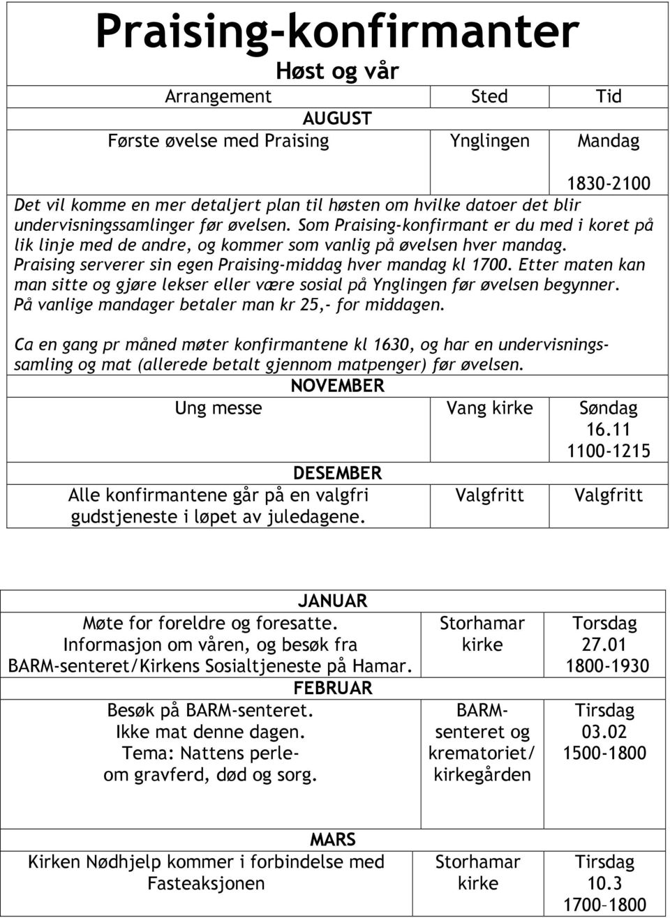 Praising serverer sin egen Praising-middag hver mandag kl 1700. Etter maten kan man sitte og gjøre lekser eller være sosial på Ynglingen før øvelsen begynner.